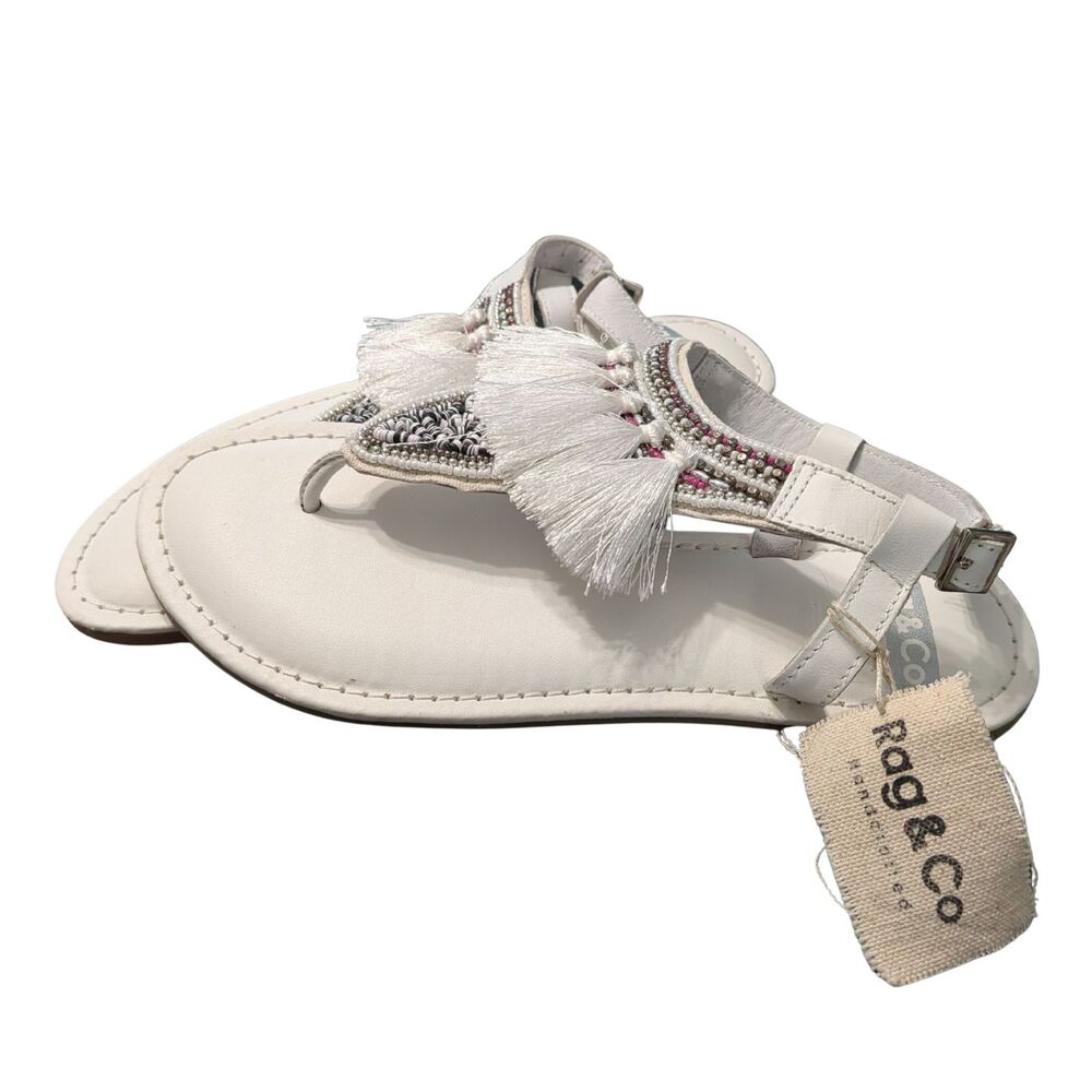 🏝️ Rag & Co White Beaded Tassel Sandals NWT Boho Festival Summer Flat 6/37